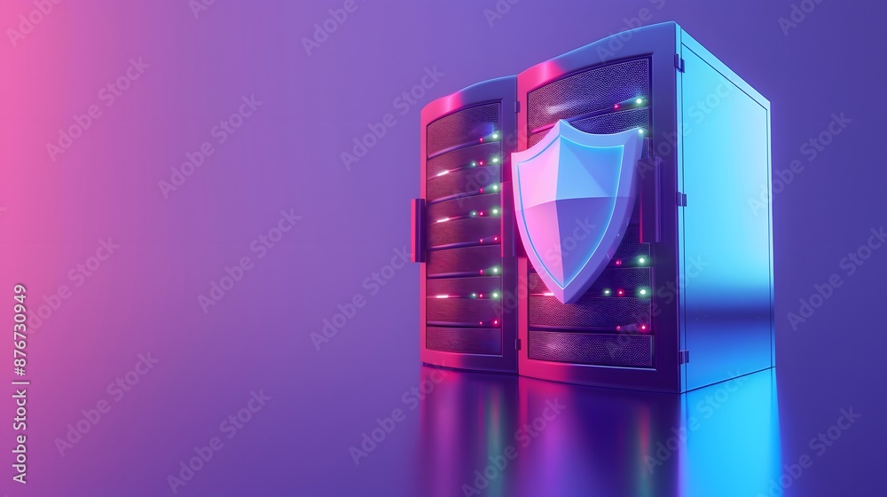 Digital security concept with data servers and shield. Futuristic data protection and cyber defense visualization in vibrant colors. Digital security concept with data servers and shield. Futuristic data protection and cyber defense visualization in vibrant colors.