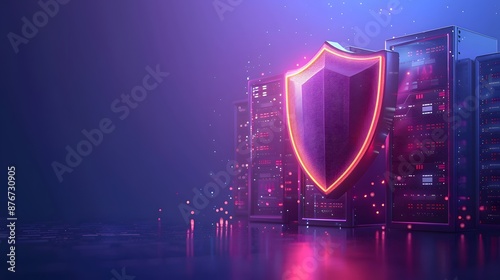 Digital security concept with a glowing shield and server racks, representing data protection in a futuristic environment.