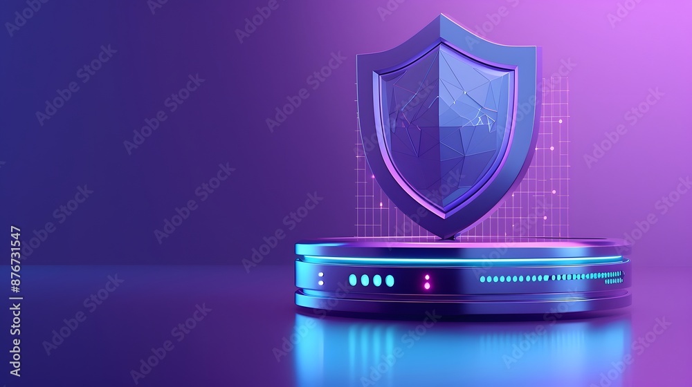 Futuristic digital shield on glowing platform symbolizing online security and data protection in a tech environment. Futuristic digital shield on glowing platform symbolizing online security and data protection in a tech environment.