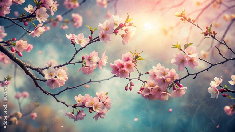 Delicate Cherry Blossoms In Full Bloom Against A Soft, Dreamy Background. Delicate Cherry Blossoms In Full Bloom Against A Soft, Dreamy Background.