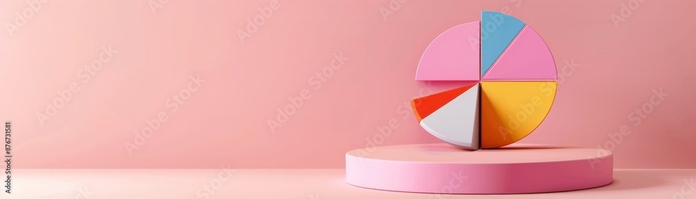 Fototapeta premium Colorful 3D pie chart on a pink background, displaying data visualization. Perfect for business, finance, or marketing presentations.