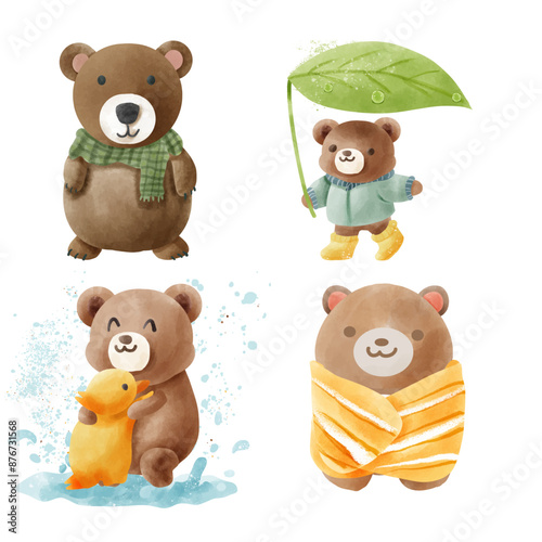 4 set of bear in different acts in rainy season.