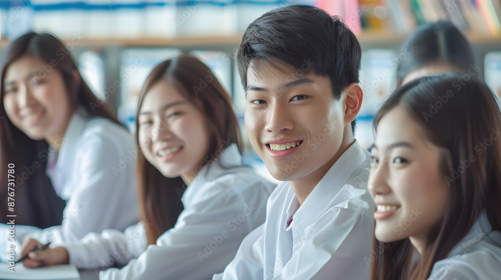 Group of cheerful Asian students in uniforms sitting in a classroom, smiling and engaging with each other. Group of cheerful Asian students in uniforms sitting in a classroom, smiling and engaging with each other.