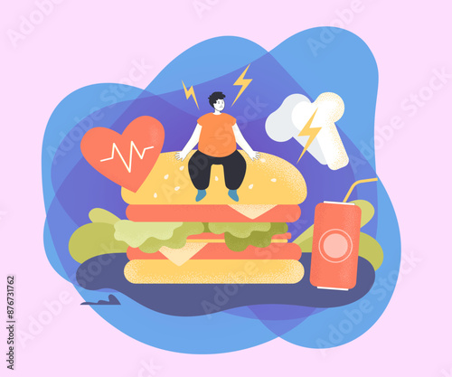 Tiny overweight person with health problems due to junk food. Risk of heart disease, high cholesterol flat vector illustration. Obesity, nutrition, fitness concept for banner or landing web page