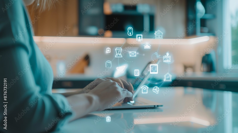 Family utilizing home essential assistance technology, smart devices aiding in daily tasks, emphasizing ease and comfort in a modern household Family utilizing home essential assistance technology, smart devices aiding in daily tasks, emphasizing ease and comfort in a modern household