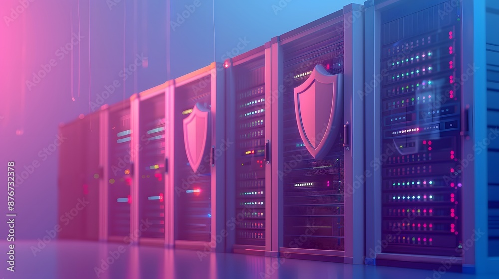 Modern data center with secure server racks highlighted by vibrant pink ...