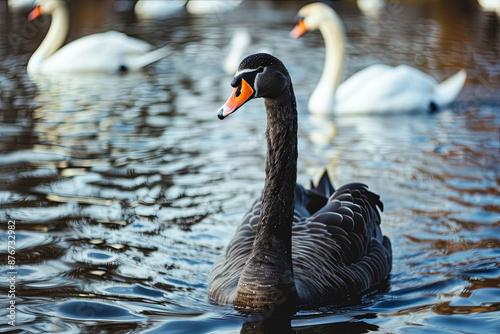 Fototapeta Naklejka Na Ścianę i Meble -  Black and white swans swimming in a lake