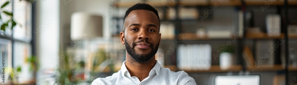 Portrait of a confident professional man standing in a modern office with bookshelves and natural light. Portrait of a confident professional man standing in a modern office with bookshelves and natural light.