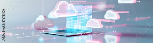 Digital illustration depicting cloud computing technology, connectivity, and data storage solutions with laptop and floating cloud icons.