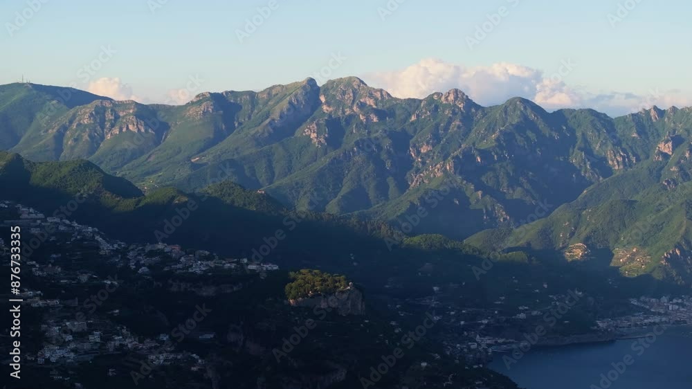 Pan Right Reveals Amazing Amalfi Coast Mountains in Italy at Sunset