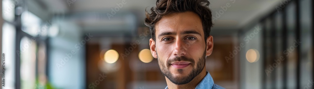 Fototapeta premium Portrait of a confident young man with a beard in a modern office setting, featuring a blurred background and warm lighting.