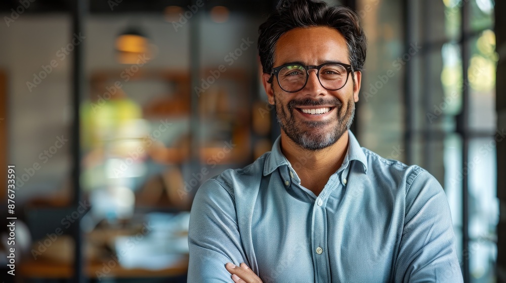 A confident businessman with glasses smiling in a modern office setting, arms crossed, showcasing professionalism and success. A confident businessman with glasses smiling in a modern office setting, arms crossed, showcasing professionalism and success.