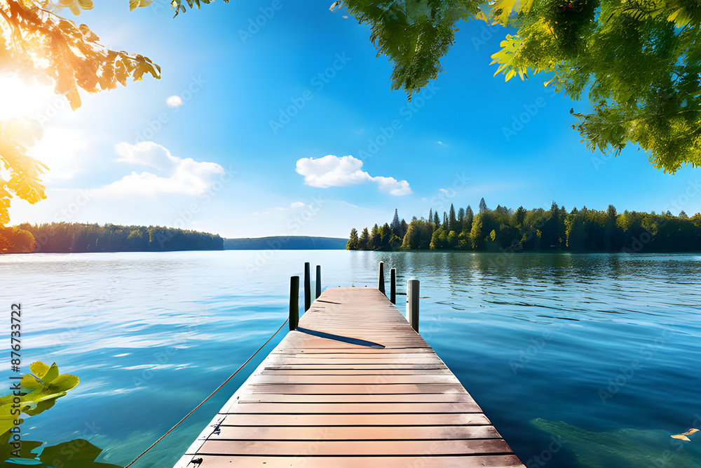 Fototapeta premium Sunshine shimmers, cool breeze whispers. Escape to our lakefront pontoon pier for endless summer memories.