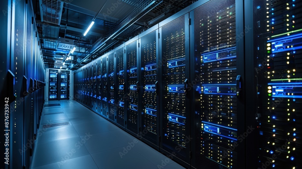 Obraz premium A high-tech data center featuring rows of server racks illuminated by blue LED lights, showcasing advanced technology and infrastructure.