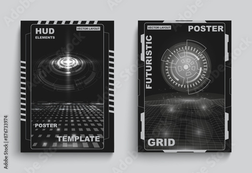 Grunge planet posters. Space stars. Universe infinity exploration. Digital viewfinder. Wireframe surface. Futuristic spacecraft. Cosmos discovery. Cyber grid. Vector Sci-Fi banners set