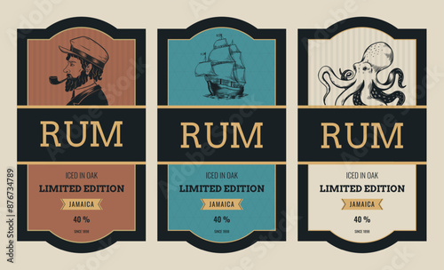 Rum label. Whiskey or gin bottle. Liquor drink tag. Retro old alcohol sign. Premium frame with ship captain. Pub beverage badge. Caribbean quality. Vector classic design stickers set