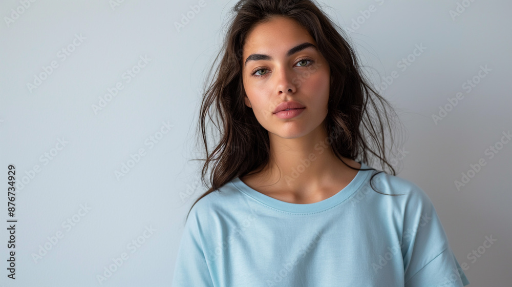 Close up woman long hair blue shirt Close up woman long hair blue shirt