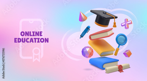 3D book banner. Isometric realistic space for online training course. Graduation hat. Internet education. Knowledge searching with magnifier. Flying render textbooks. Vector background