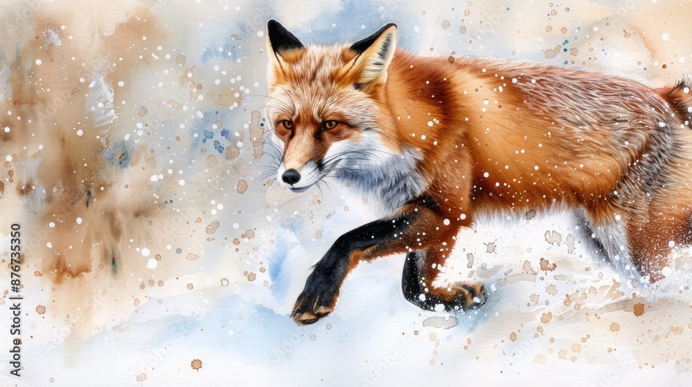 Fototapeta premium Abstract watercolor of a fox leaping through the snow, soft blues and whites, capturing motion and grace