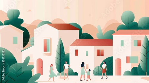 Wallpaper Mural Group of neighbors in a safe residential area, children playing and adults interacting, illustrating a strong sense of community and security Torontodigital.ca