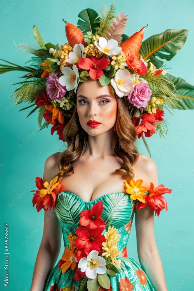 studio fashion portrait of young beautiful model wearing tropical leaves and flowers dress outfit, posing on background. studio fashion portrait of young beautiful model wearing tropical leaves and flowers dress outfit, posing on background.