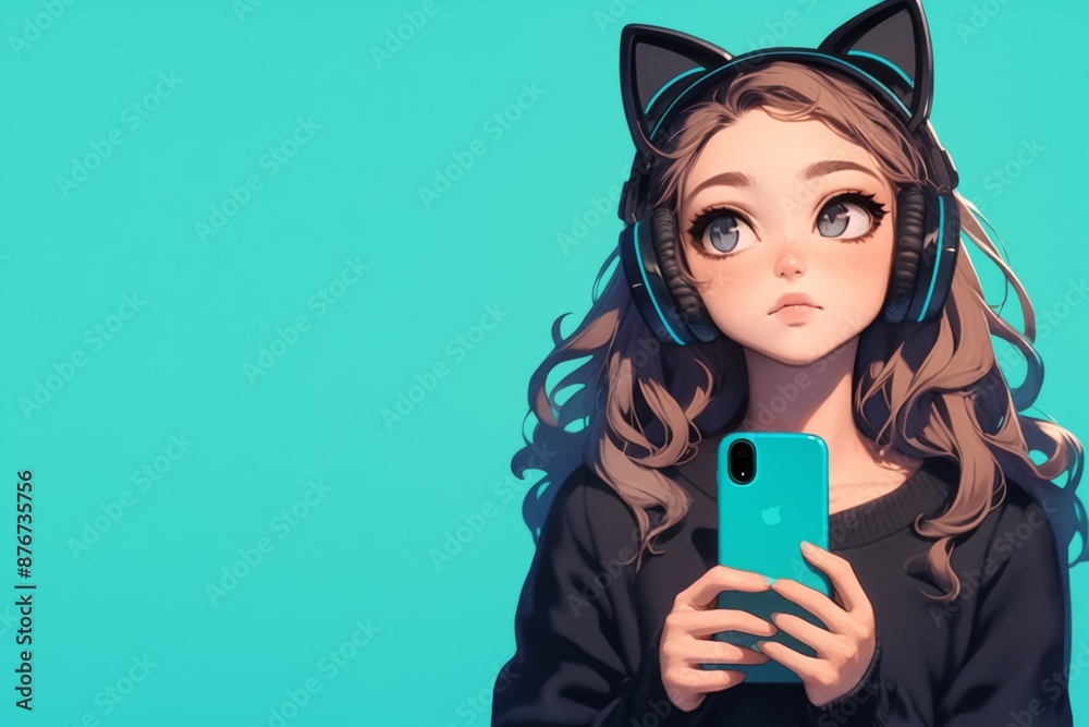 A girl holding a phone and wearing cat ears headphones, against a turquoise solid background A girl holding a phone and wearing cat ears headphones, against a turquoise solid background