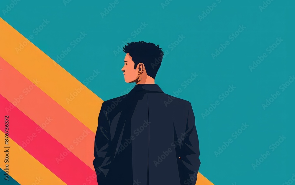 Obraz premium Man in Suit Looking Ahead with Diagonal Color Background.