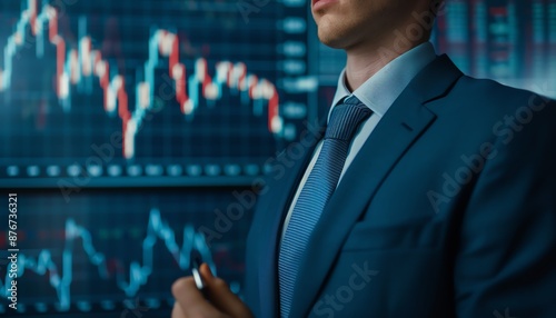 Professional in banking sector, holding investment financial graph, sleek office, clear lighting, over-the-shoulder shot, formal attire, financial expertise, precision