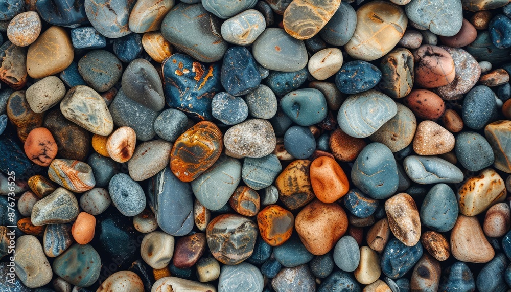 Close-up of smooth, colorful river rocks. Close-up of smooth, colorful river rocks.