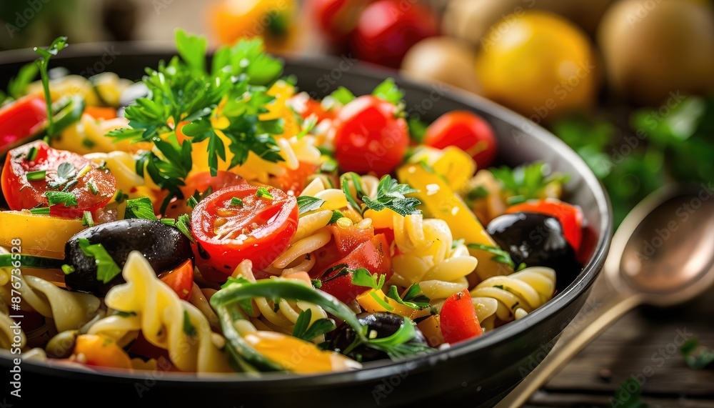 Close-up of a bowl of pasta salad with tomatoes, olives, and peppers.