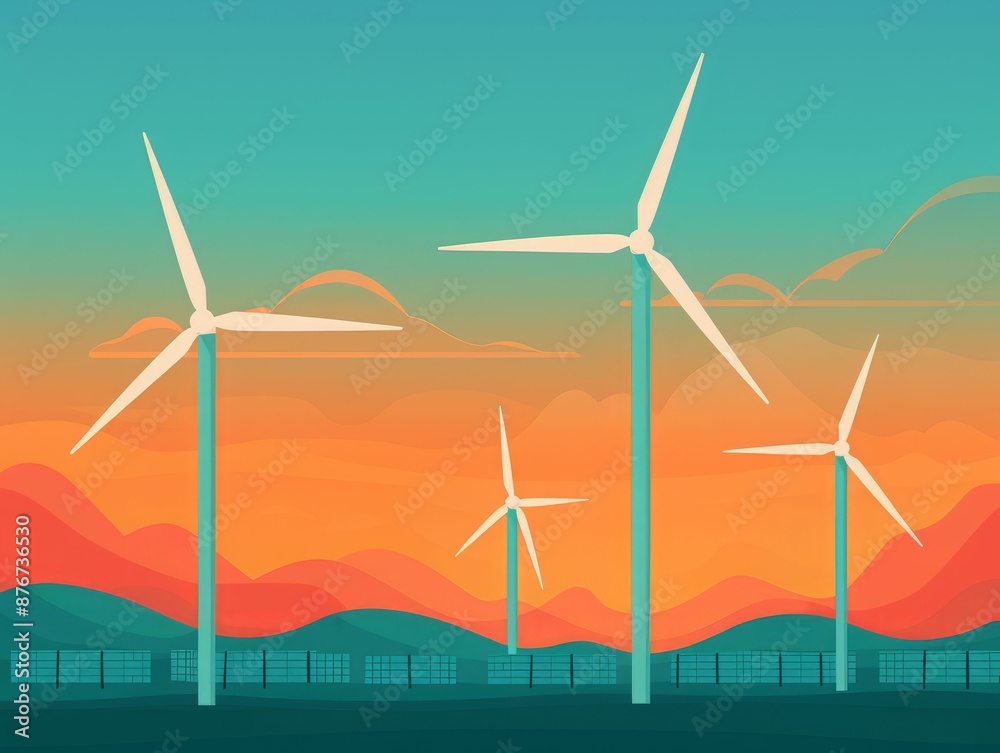 Wind Turbines in a Sunset Landscape. Wind Turbines in a Sunset Landscape.