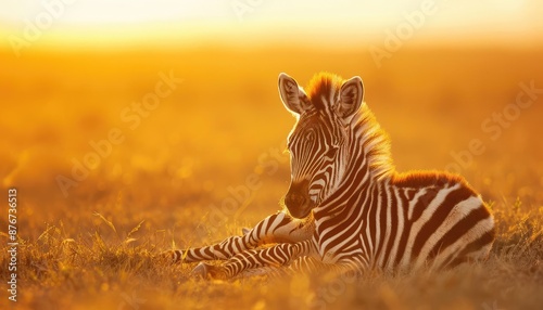 Cute zebra foal resting in golden sunset light. © amankris99
