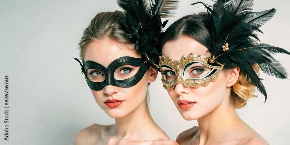 studio fashion two beautiful woman wearing Mardi gras mask, posing on background. studio fashion two beautiful woman wearing Mardi gras mask, posing on background.