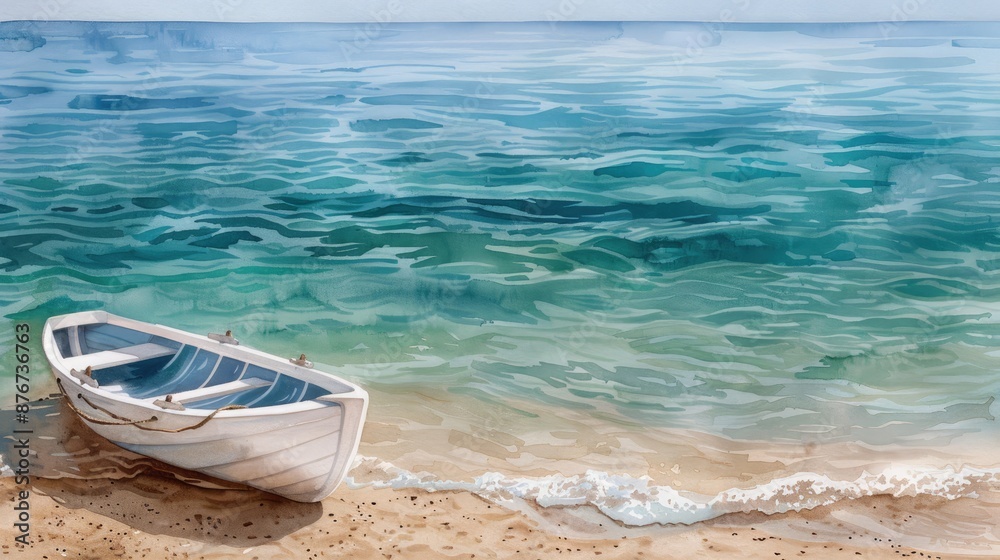 Watercolor painting of a beach with a rowboat pulled onto the shore Watercolor painting of a beach with a rowboat pulled onto the shore