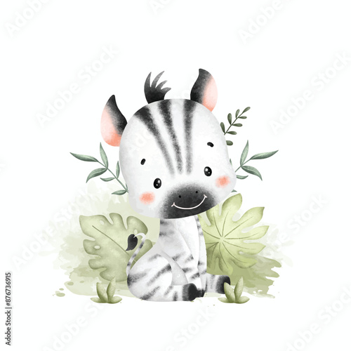 Watercolor Illustration Cute Baby Zebra and Tropical Leaves