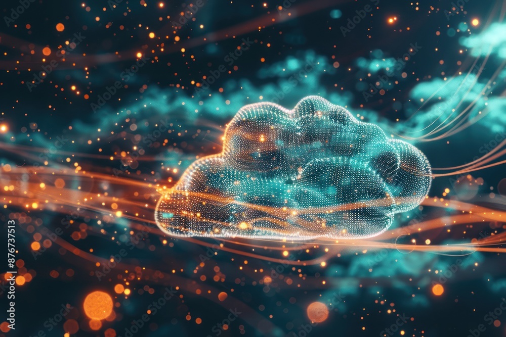 Abstract data points merging with a floating cloud, representing the cloud computing concept Abstract data points merging with a floating cloud, representing the cloud computing concept