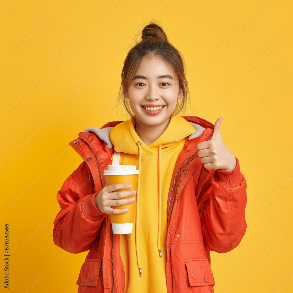 People emotions, lifestyle leisure and beauty concept. Smiling good-looking asian girl with takeaway cup show thumbs-up, recommend great cafe with delicious coffee and desserts, yellow background People emotions, lifestyle leisure and beauty concept. Smiling good-looking asian girl with takeaway cup show thumbs-up, recommend great cafe with delicious coffee and desserts, yellow background