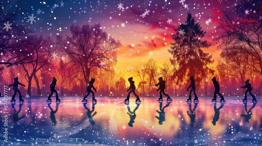 A group of people are skating on a frozen lake at sunset A group of people are skating on a frozen lake at sunset