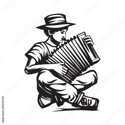 Man Playing an Accordion Vector Images.  Accordion Player Stock Illustrations on white background