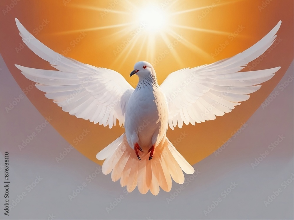 Fototapeta premium A majestic pigeon with its wings outstretched, basking in the warm glow of the sun on Global Forgiveness Day. The minimalist style captures the essence of forgiveness and acceptance.