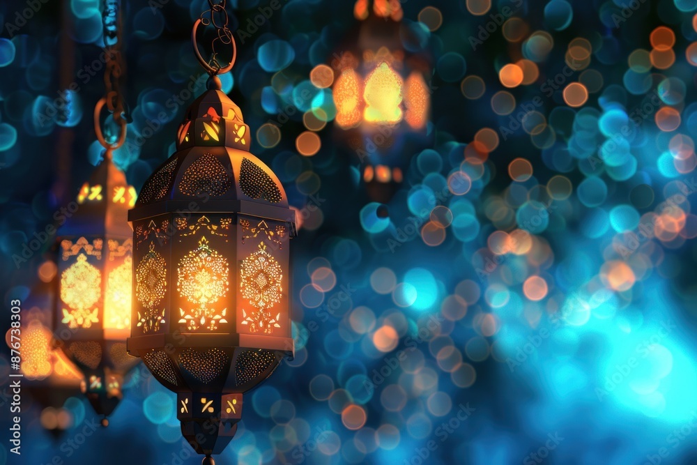 An illustration of glowing arabic lanterns with a sparkling blue bokeh background, Ramadan celebration An illustration of glowing arabic lanterns with a sparkling blue bokeh background, Ramadan celebration