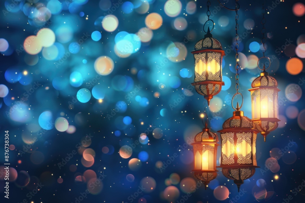 An illustration of glowing arabic lanterns with a sparkling blue bokeh background, Ramadan celebration An illustration of glowing arabic lanterns with a sparkling blue bokeh background, Ramadan celebration