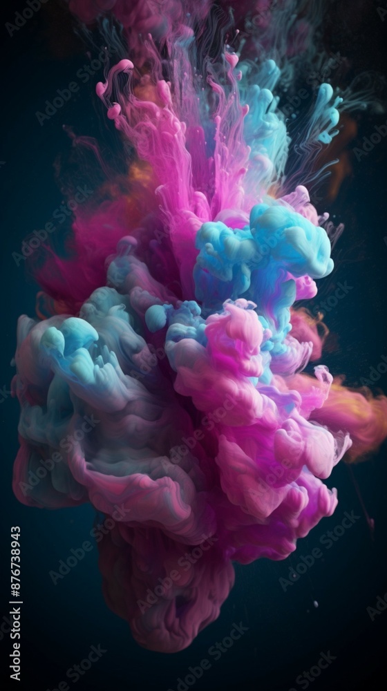 Fototapeta premium Blue and pink color fluid splash vapor cloud dispersing on a glitter dust texture, each particle reflecting light and enhancing the luminosity of the colors, creating a dreamy and ethereal atmosphere,