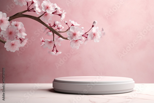 3D Pink Flower Bud Podium with Cherry Blossom Branch for Elegant Nature-Themed Product Display