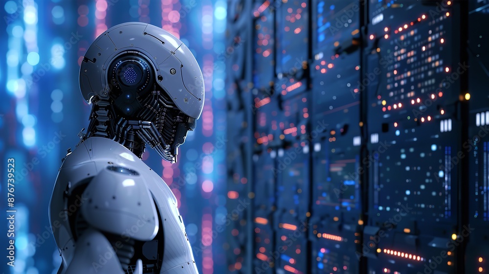 A robot is positioned in front of a wall filled with various numbers, showcasing a display of data and information. A robot is positioned in front of a wall filled with various numbers, showcasing a display of data and information.