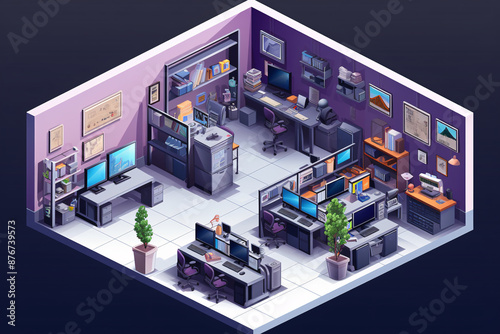 Modern 3D Computer Lab on Computers Technology Concept
