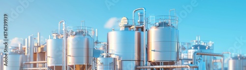 Industrial refinery with large silos and machinery against clear blue sky. Modern engineering and industrial processing in action. photo