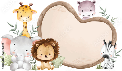 Watercolor Illustration Wooden Board and Baby Safari Animals