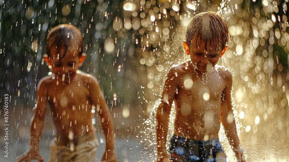 Obraz premium Two young boys are playing in the rain, splashing water on each other