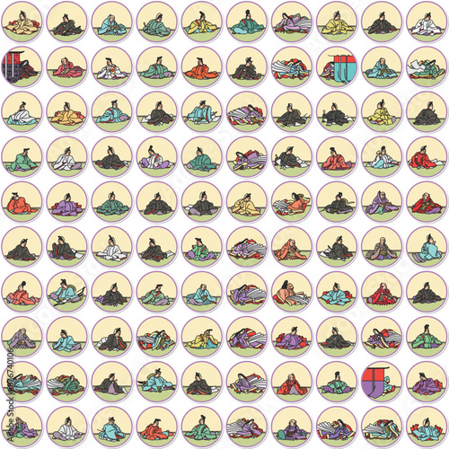 ステッカー円形シンプル百人一首のイラストアイコンセット